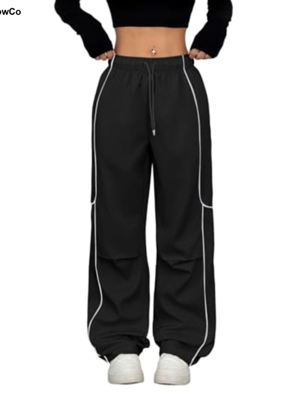 Women's Parachute Cargo Jogger Pants Contrast Piping Wide Leg Y2K Streetwear